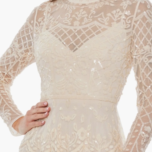Mac Duggal Sequin Long Sleeve Mesh Midi Cocktail Dress Illusion High Neck - Picture 3 of 11